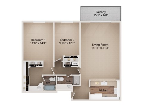 Floor plan for 2 beds, 2 baths, 1069 sqft